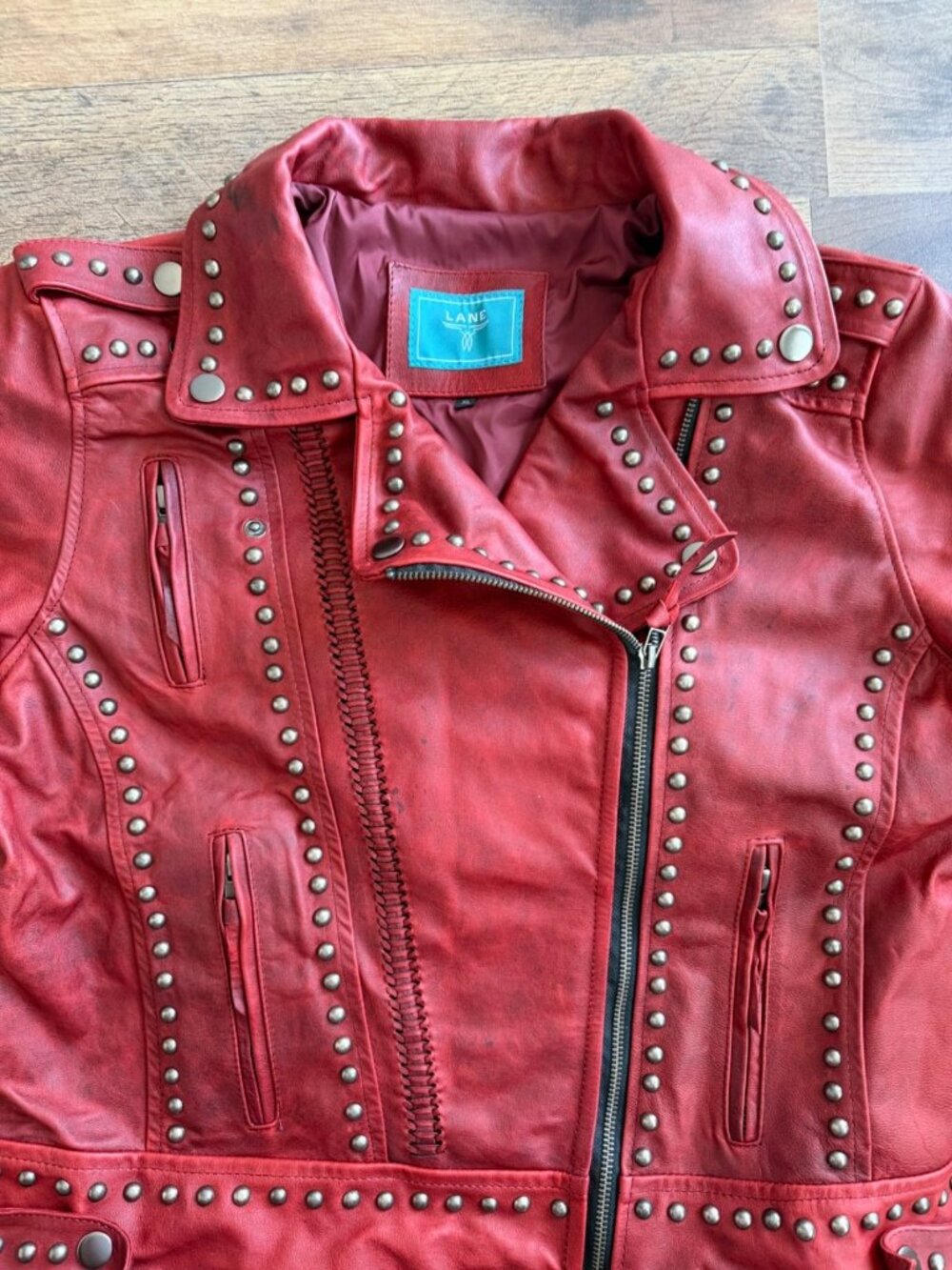 Lane Boots COSSETTE Red Leather Jacket Western Cowgirl Biker Bomber Coat Size XL - Picture 3 of 14